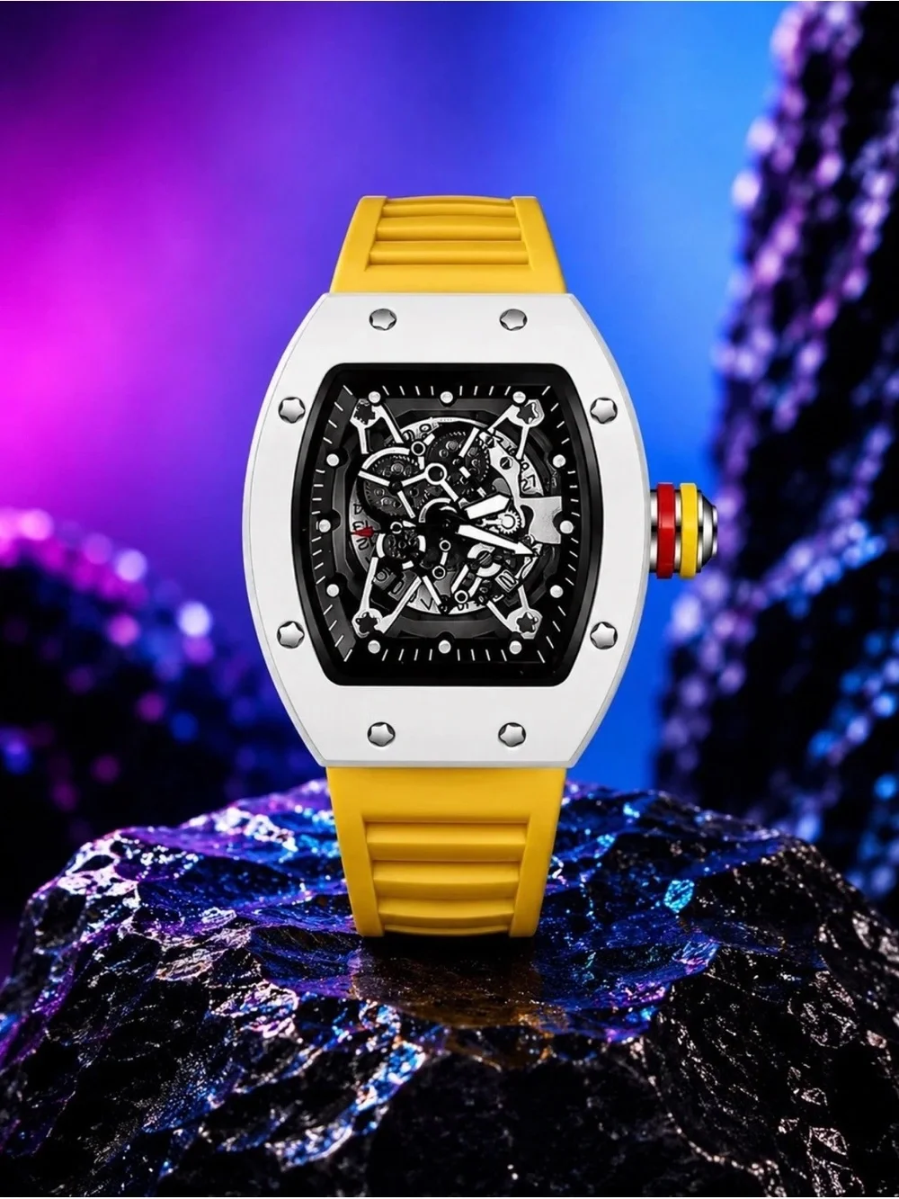 Yellow Silicone Strap Smartwatch with Skeleton Dial